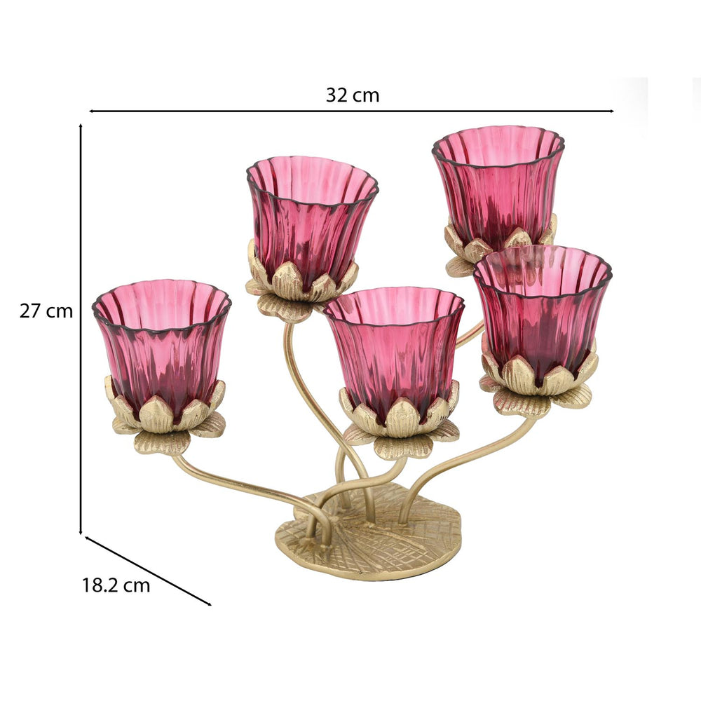 Five Lotus Metal and Glass Candle Holder- Pink & Gold