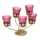 Five Lotus Metal and Glass Candle Holder- Pink & Gold
