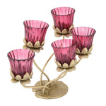 Five Lotus Metal and Glass Candle Holder- Pink & Gold