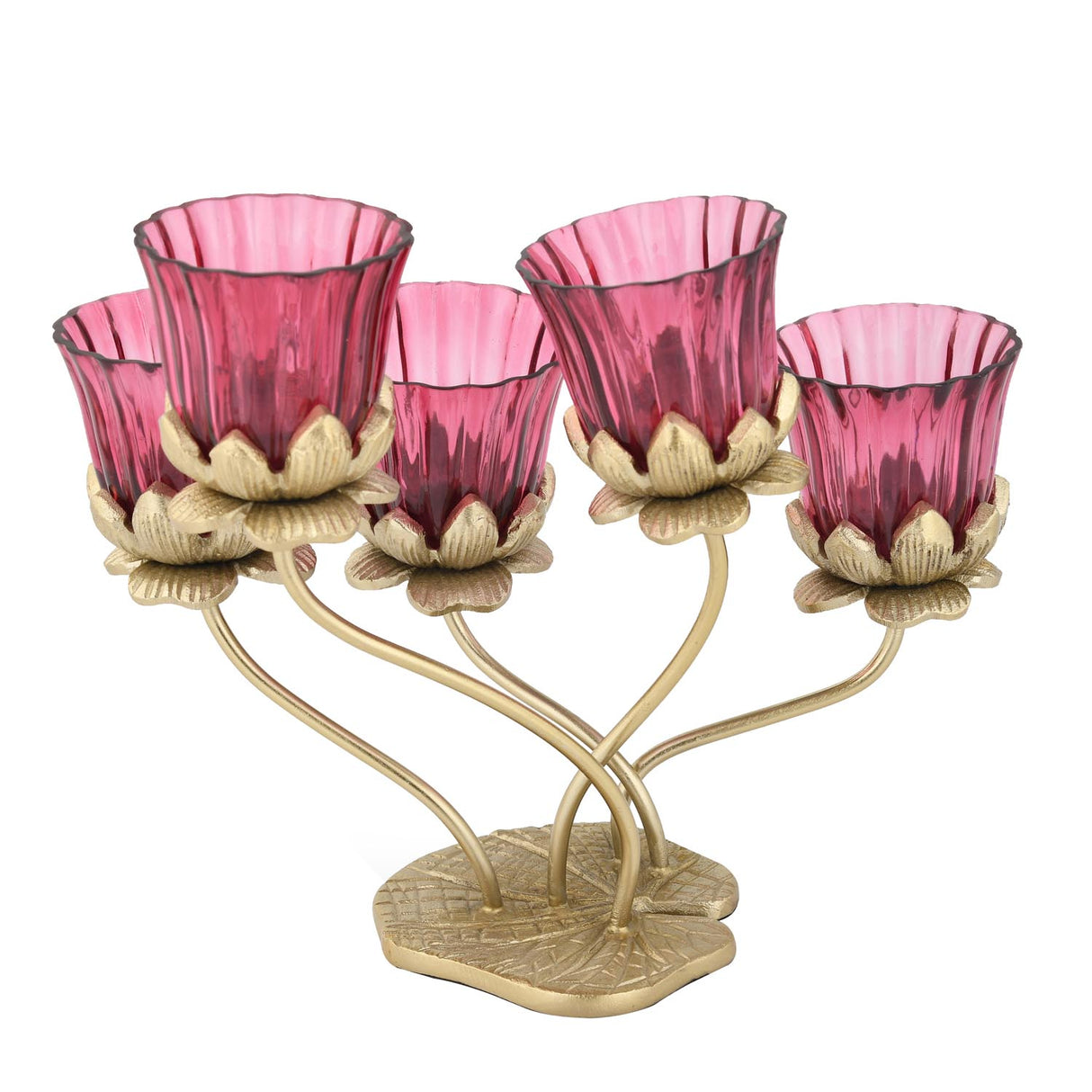 Five Lotus Metal and Glass Candle Holder- Pink & Gold