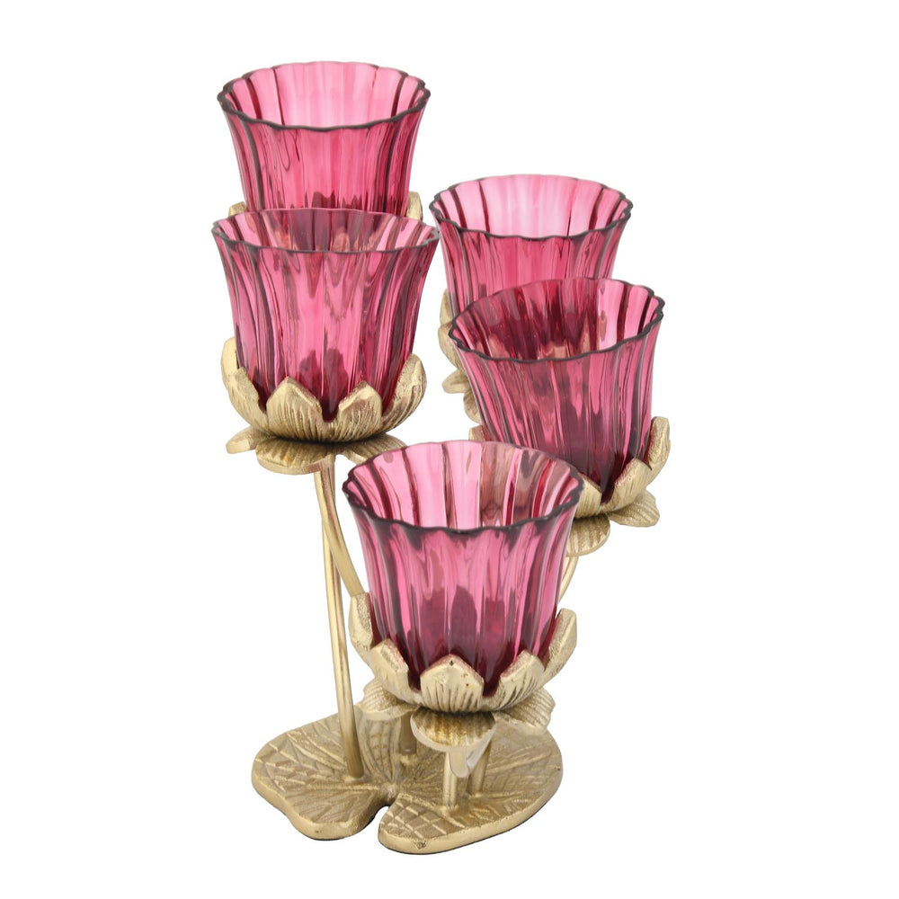 Five Lotus Metal and Glass Candle Holder- Pink & Gold
