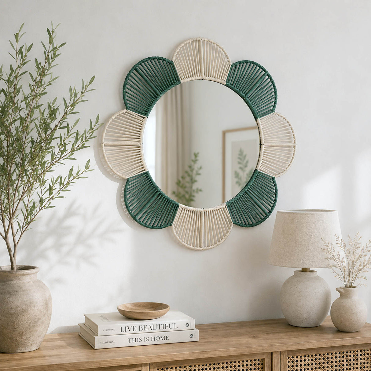 Petal Pattern Decorative Mirror- Green & Beige