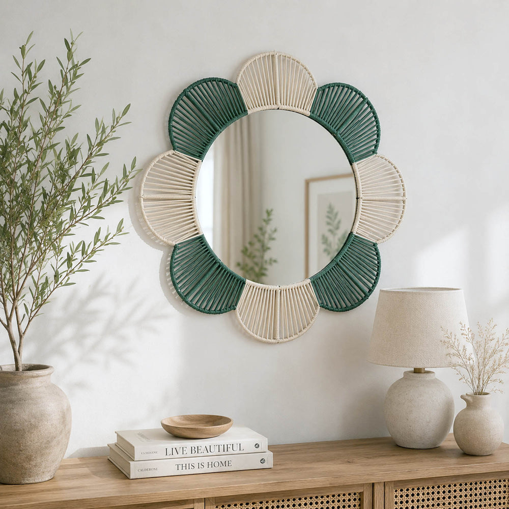 Petal Pattern Decorative Mirror- Green & Beige