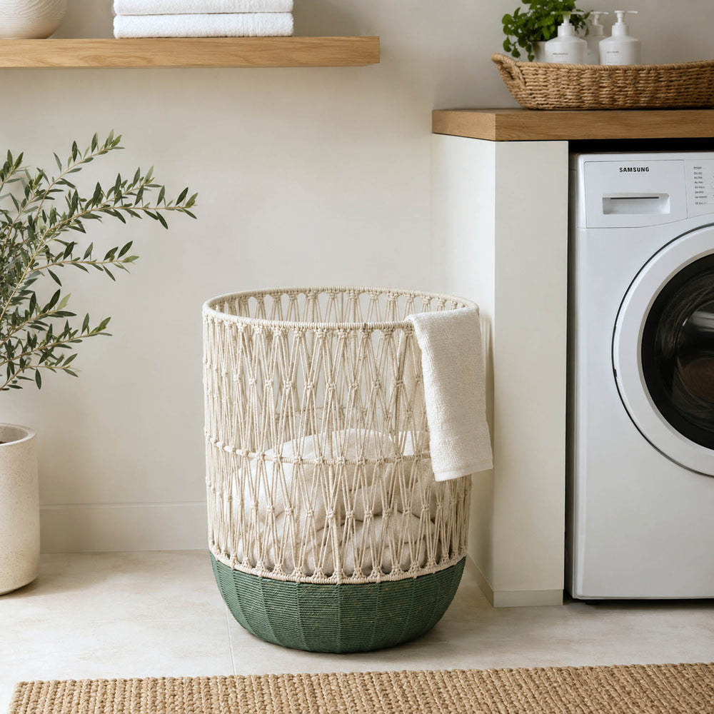Metal and Cotton Laundry Bag- Green & Beige