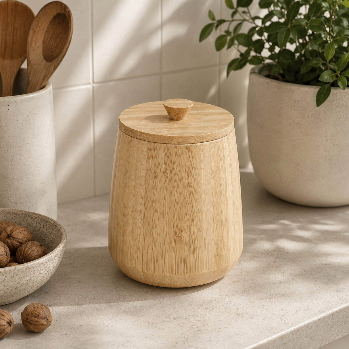 Bamboo Cannister with Lid- Large, Beige