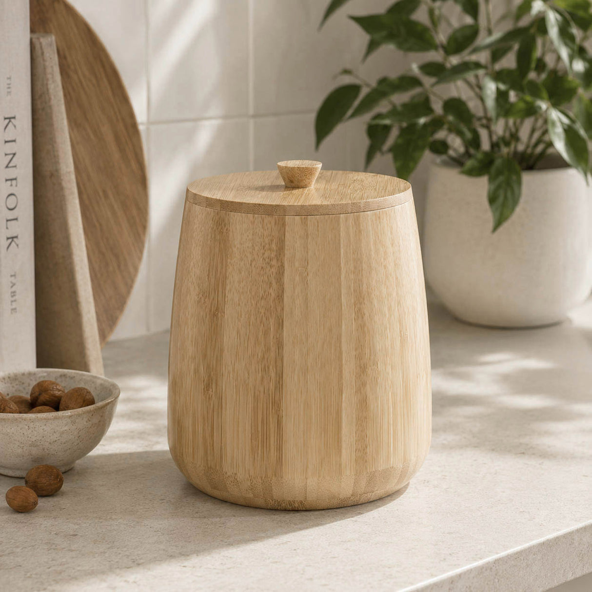 Bamboo Cannister with Lid- Small, Beige