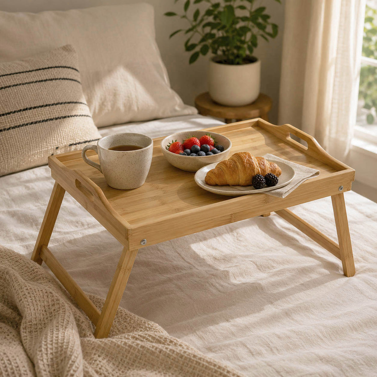 Breakfast Serving Bamboo Table- Beige