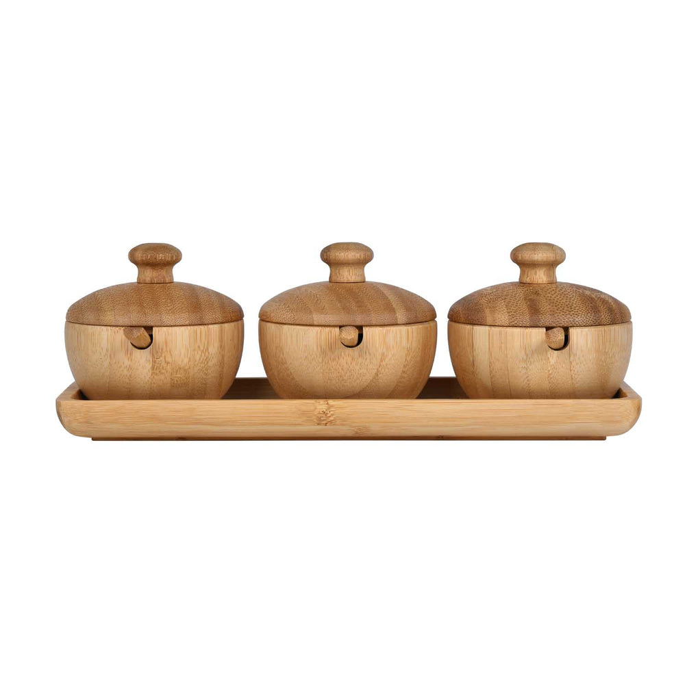Bamboo Serving Bowls and Spoons Set of 3 with Lid- Beige