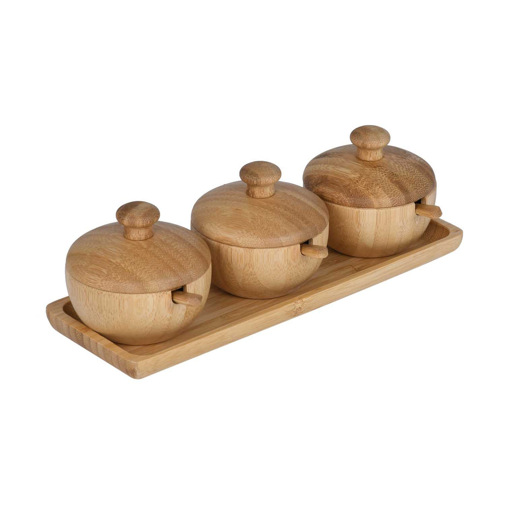 Bamboo Serving Bowls and Spoons Set of 3 with Lid- Beige