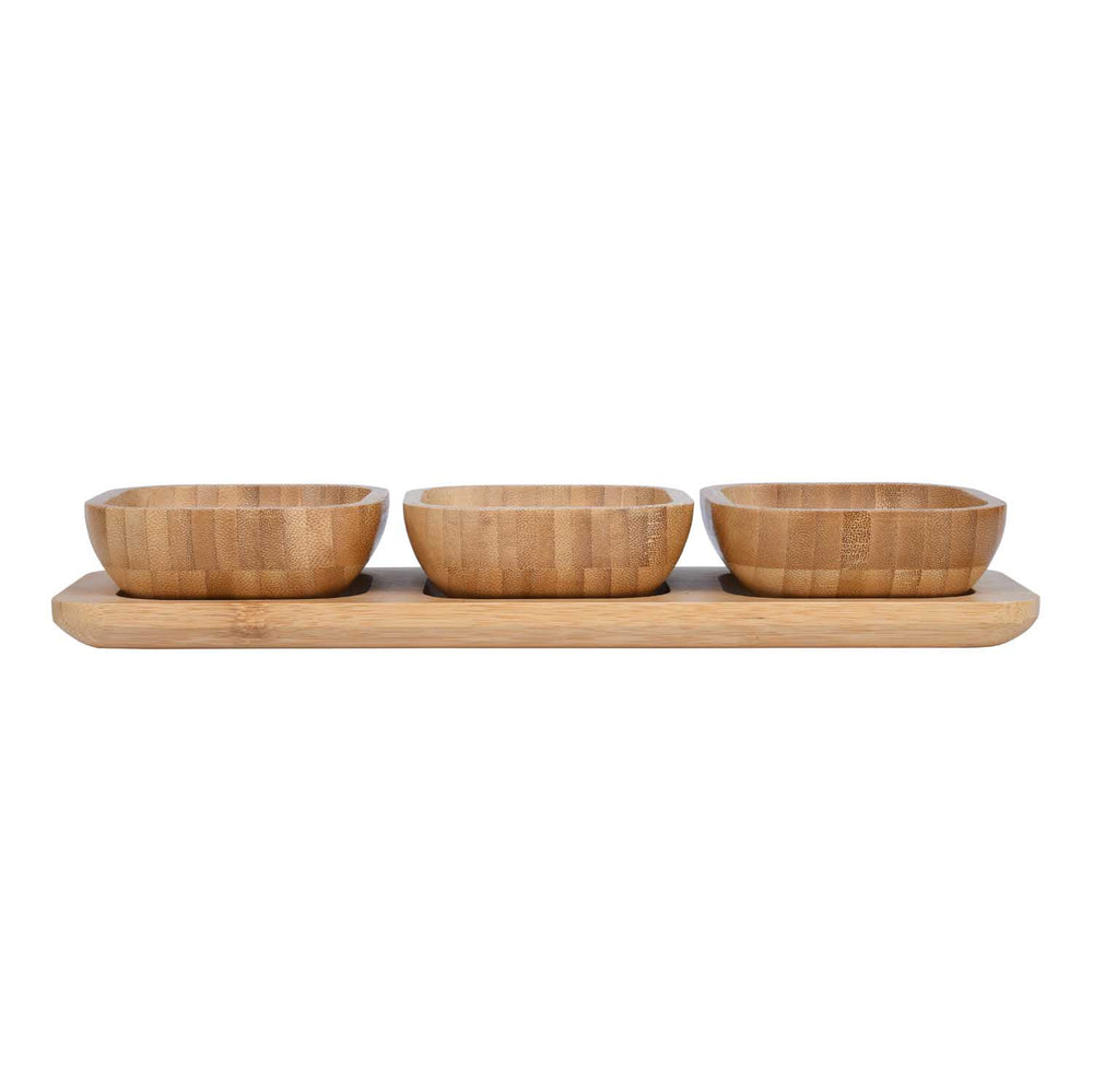 Bamboo Serving Plate with 3 Bowls- Beige