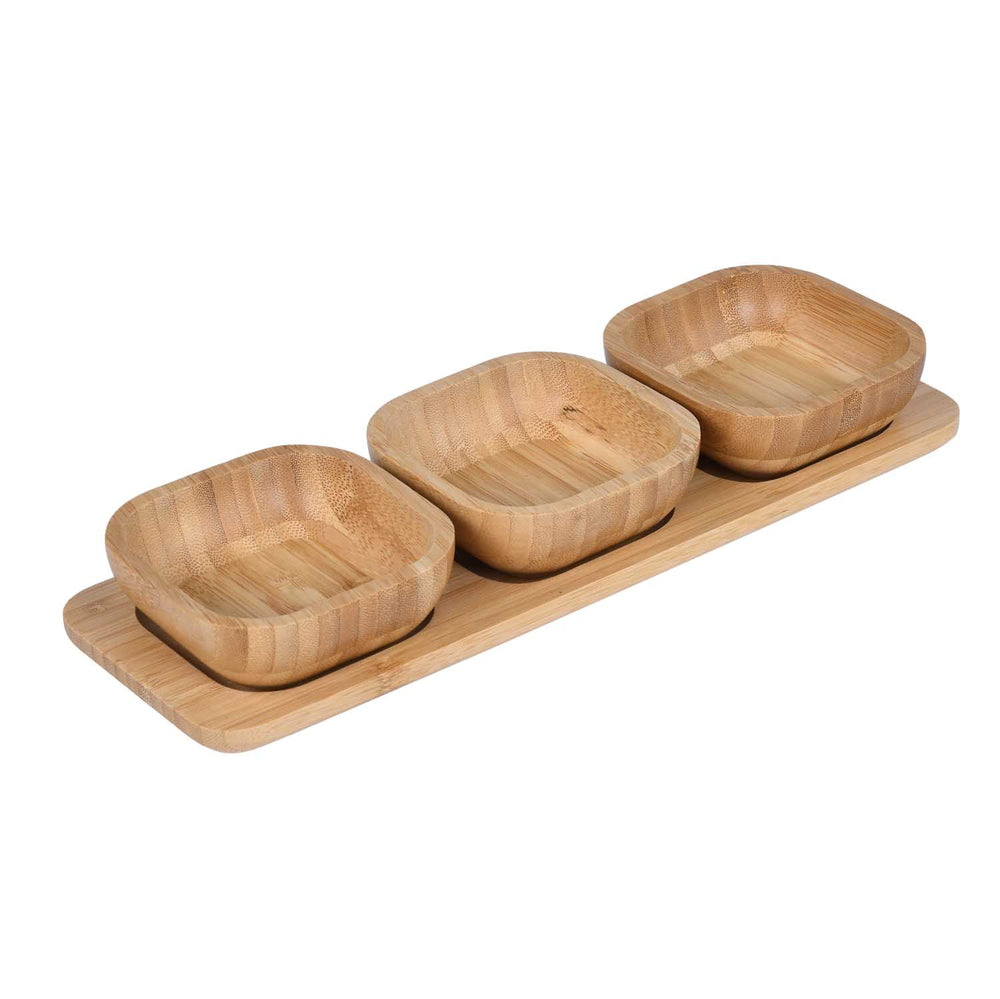 Bamboo Serving Plate with 3 Bowls- Beige