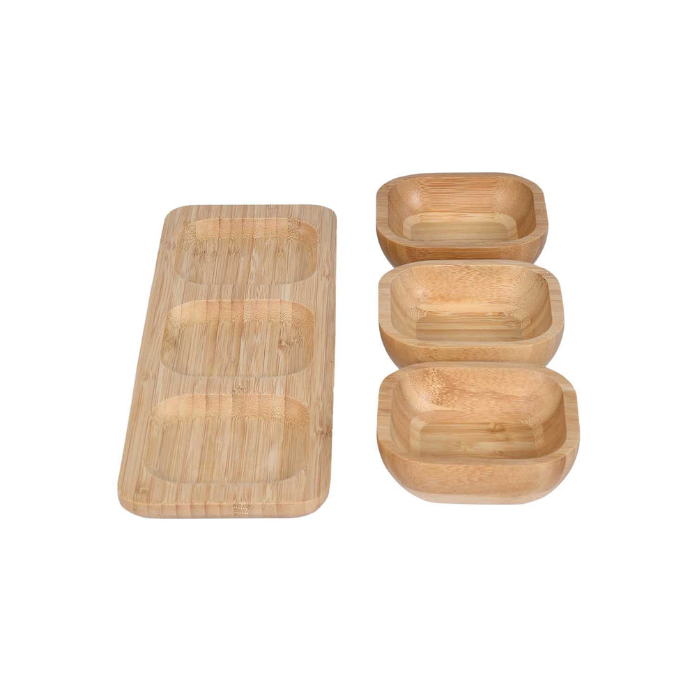 Bamboo Serving Plate with 3 Bowls- Beige