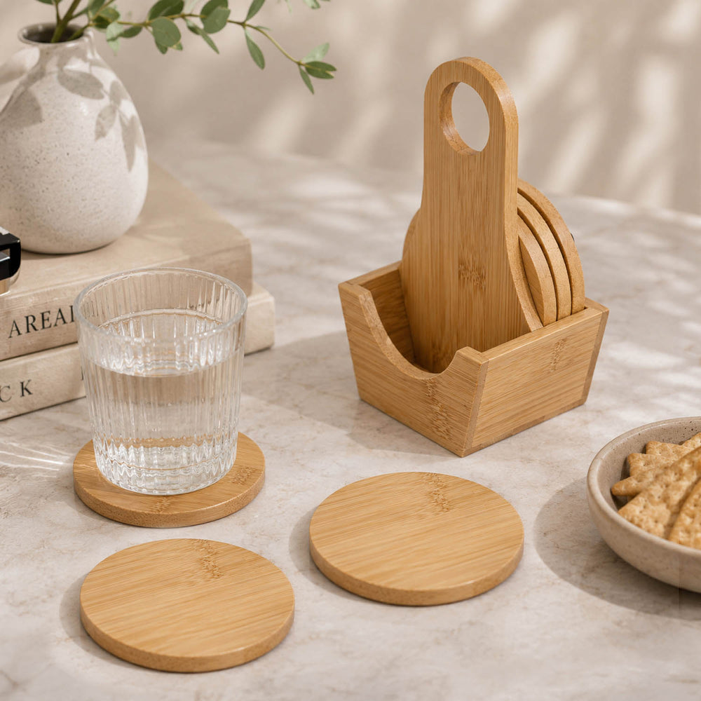 Bamboo Coaster Set of 6 with Holder- Beige