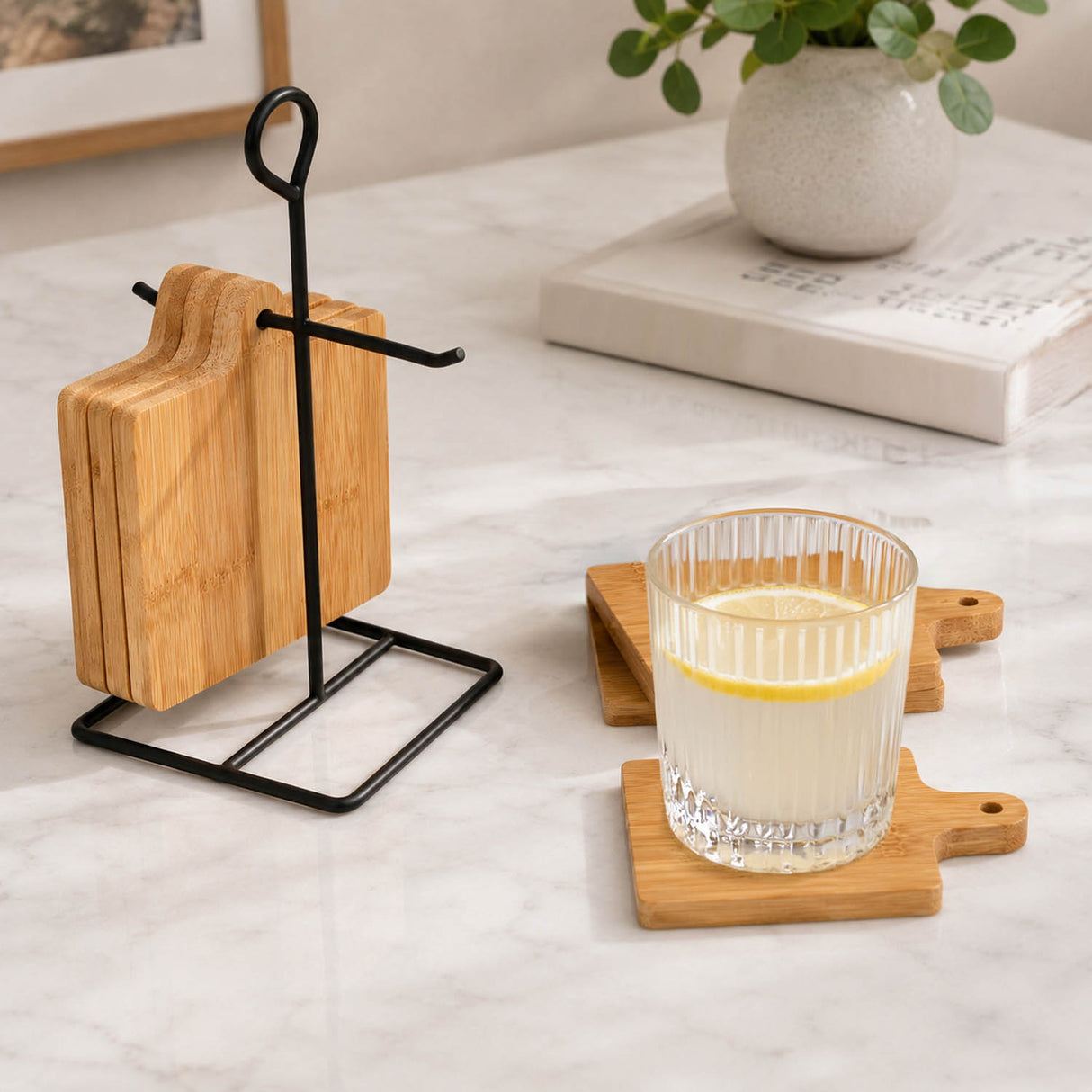 Bamboo Coaster Set of 6 with Stand- Beige