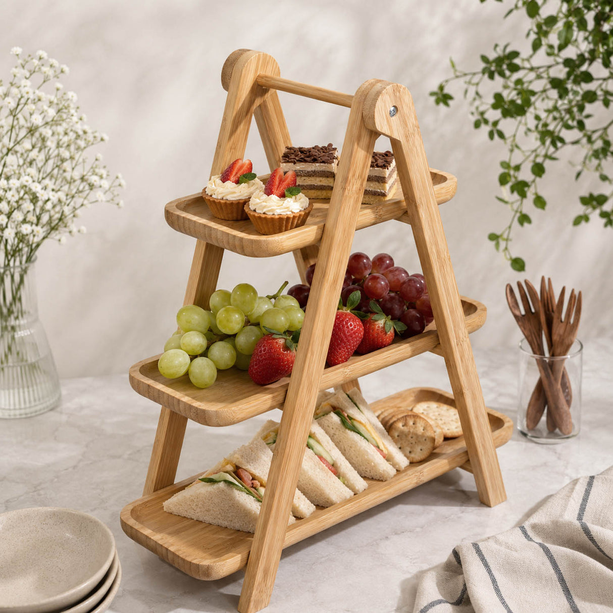 3 Tier Bamboo Serving Platter Stand- Beige