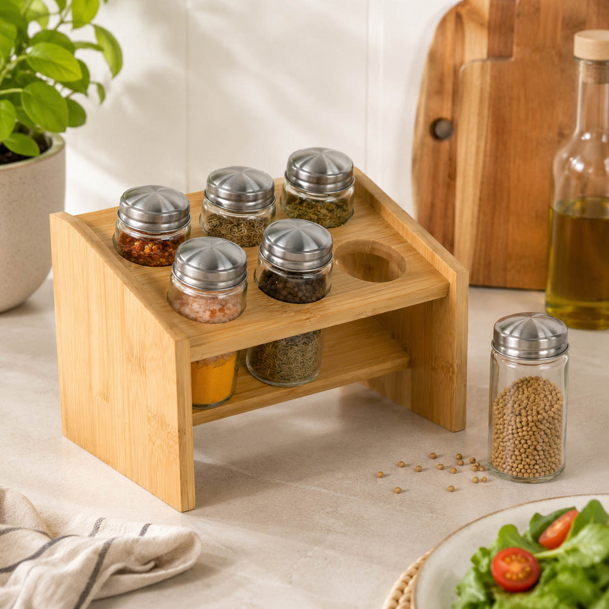 Condiment Glass Jar Set of 6 with Bamboo Holder- Beige