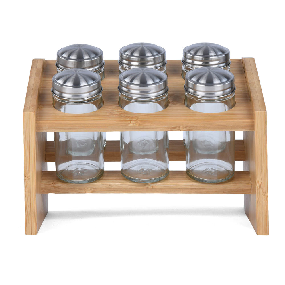 Condiment Glass Jar Set of 6 with Bamboo Holder- Beige