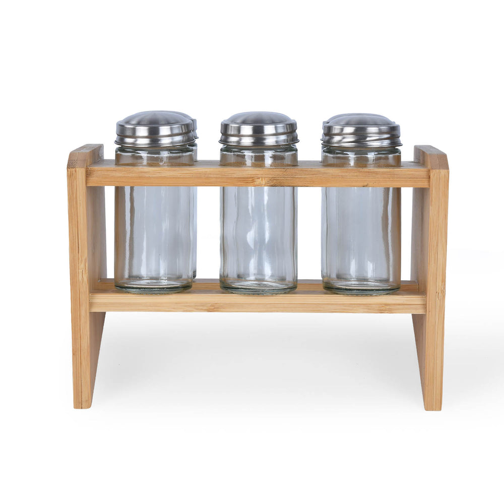 Condiment Glass Jar Set of 6 with Bamboo Holder- Beige