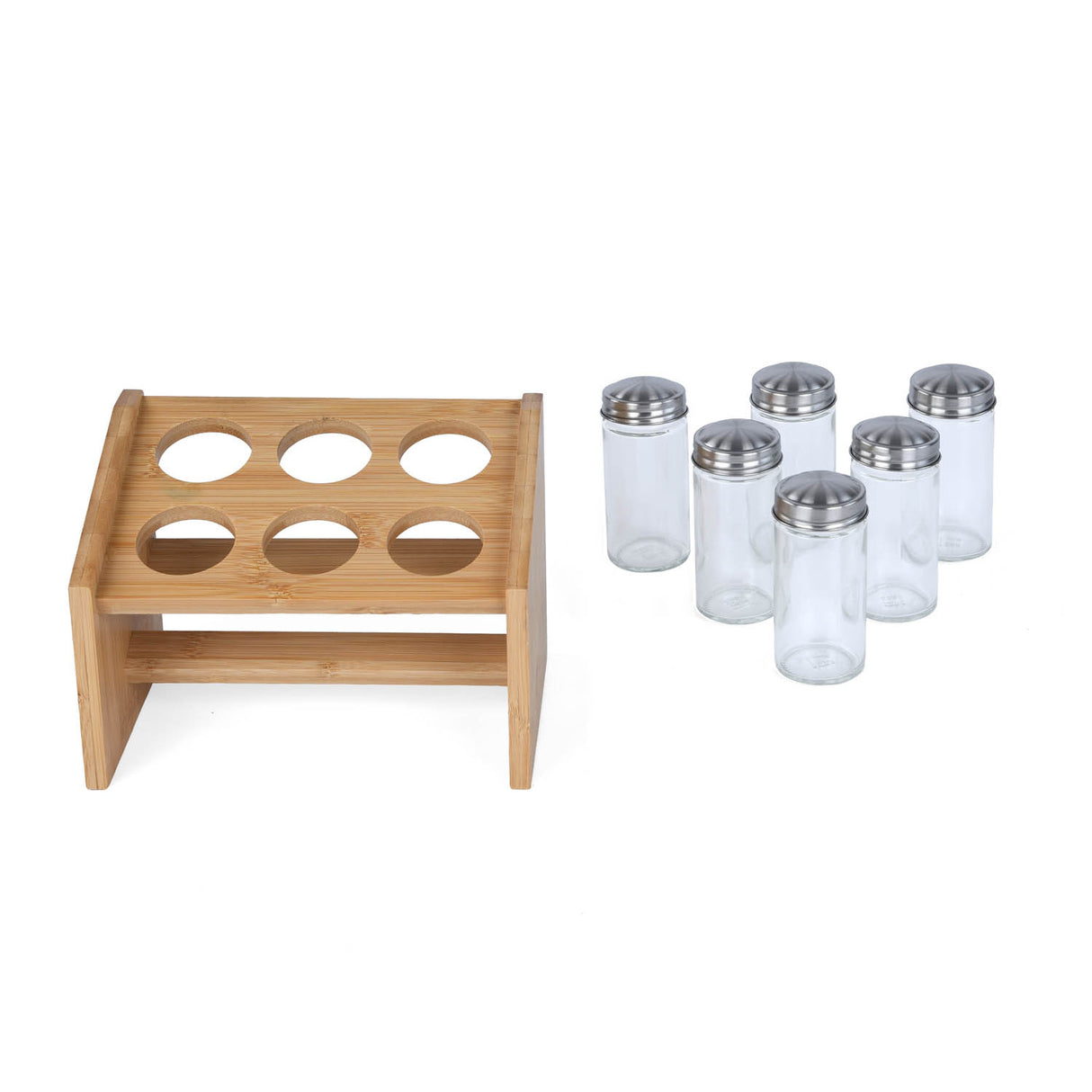 Condiment Glass Jar Set of 6 with Bamboo Holder- Beige