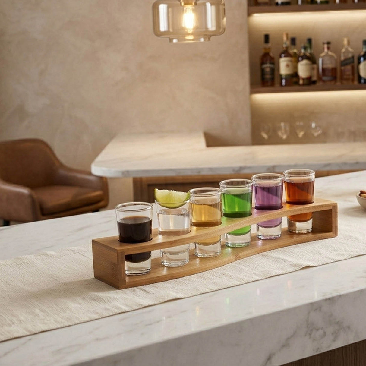 Bamboo Serving Tray with 6 Shot Glasses- Beige