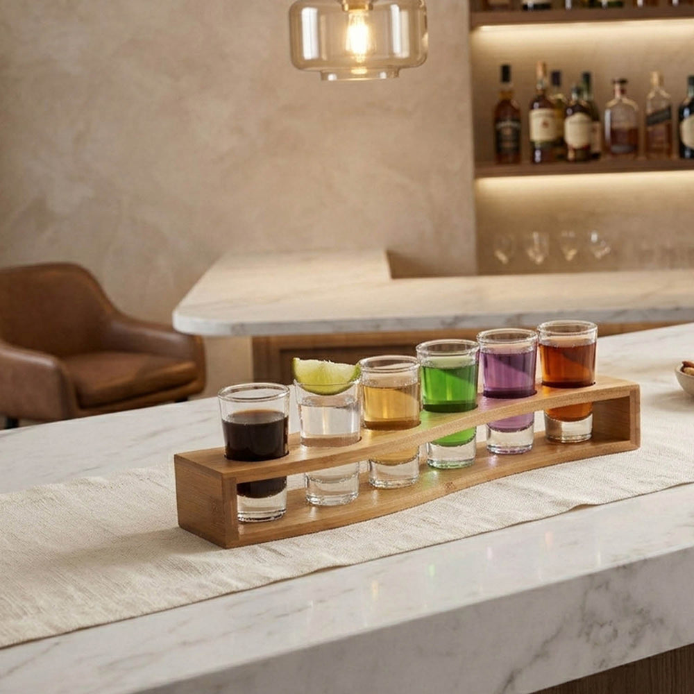 Bamboo Serving Tray with 6 Shot Glasses- Beige