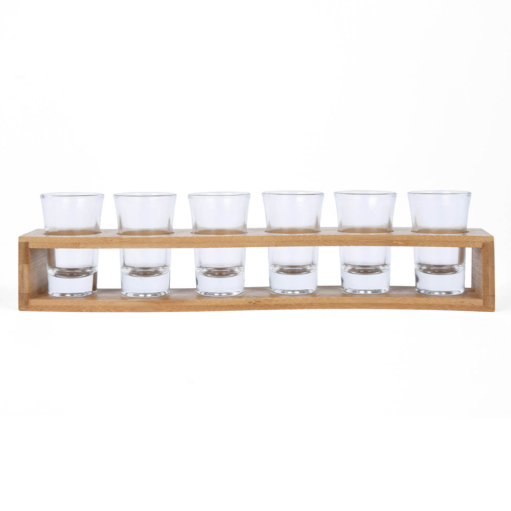Bamboo Serving Tray with 6 Shot Glasses- Beige