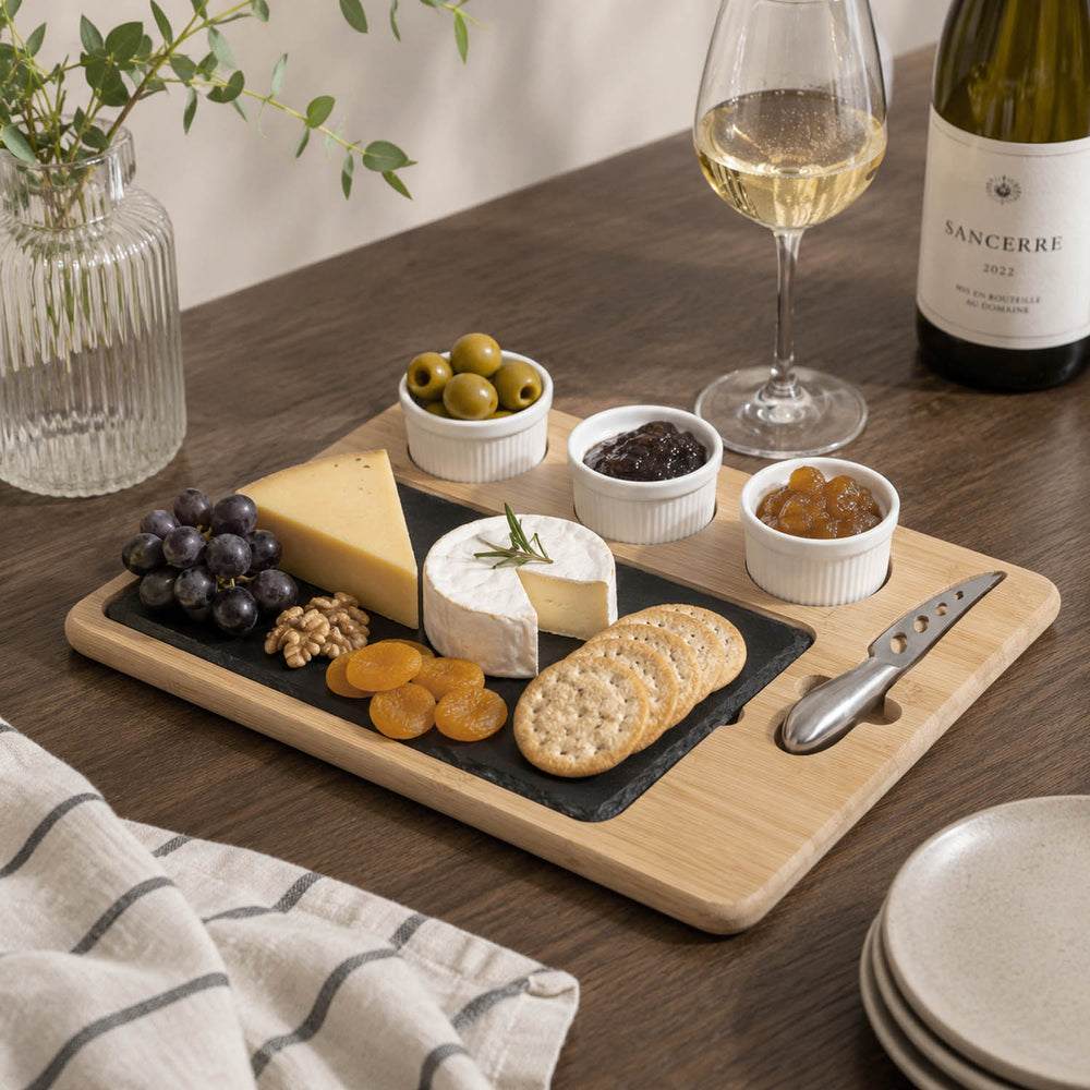 Cheese Plate Board Set with 3 Dip Bowls- Beige