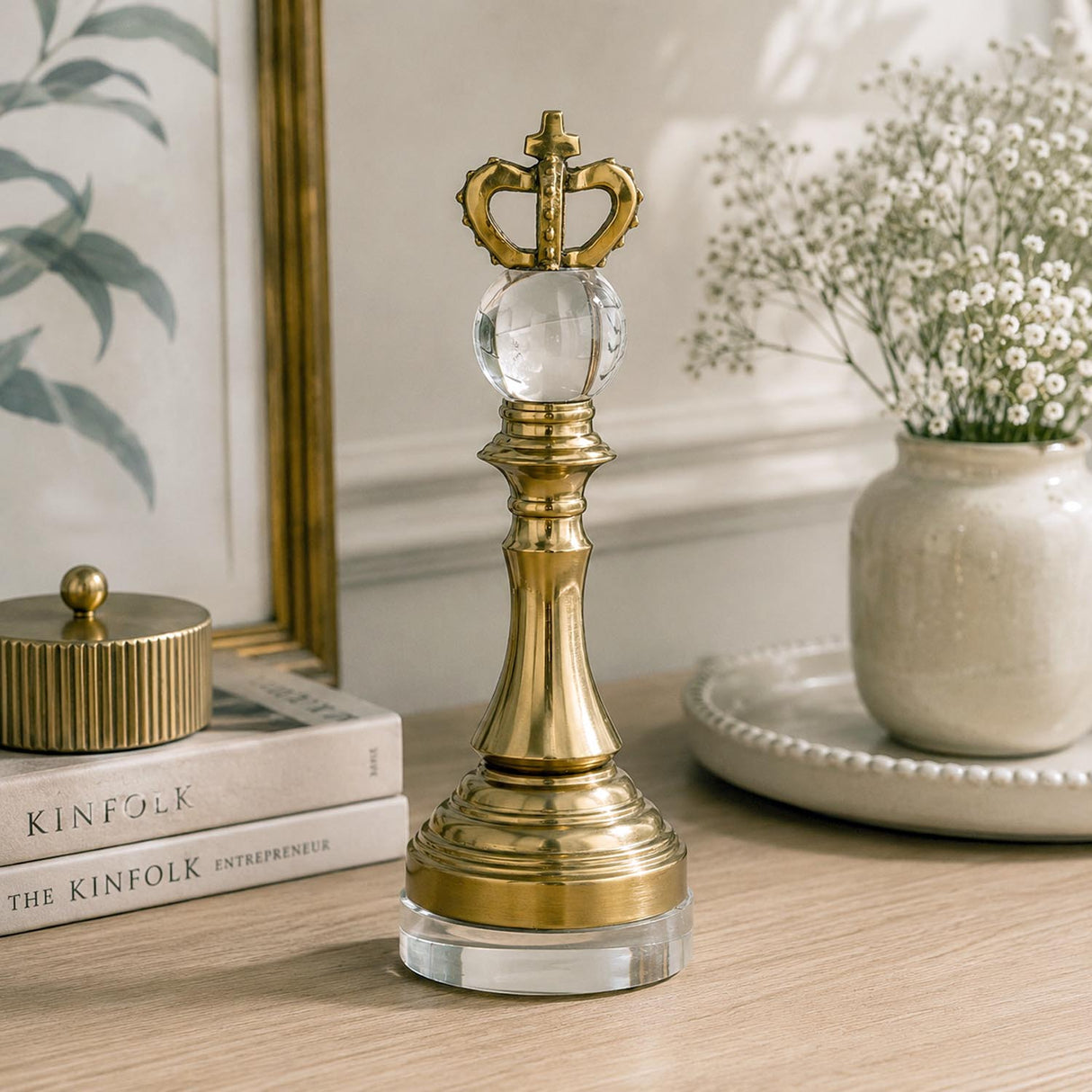 Decorative Metal & Acrylic King Showpiece- Gold & White