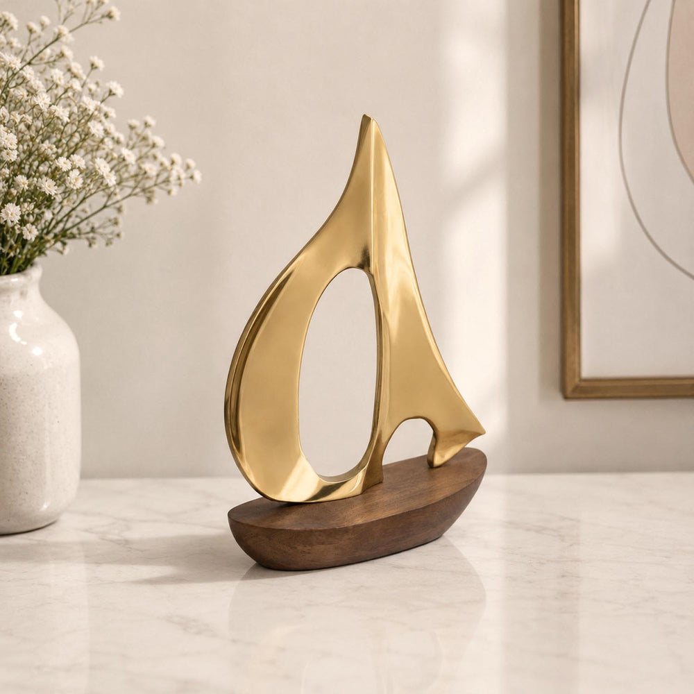 Decorative Metal & Wooden Boat Showpiece- Gold & Brown