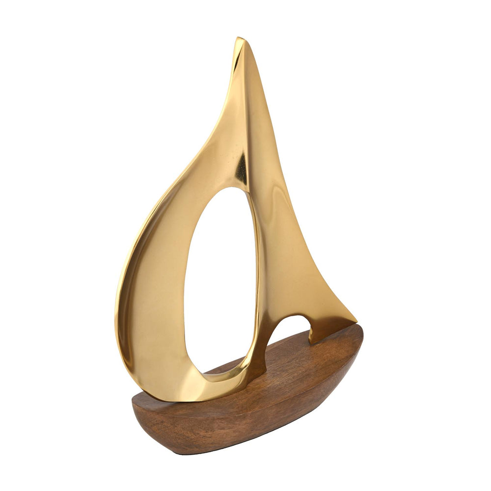 Decorative Metal & Wooden Boat Showpiece- Gold & Brown