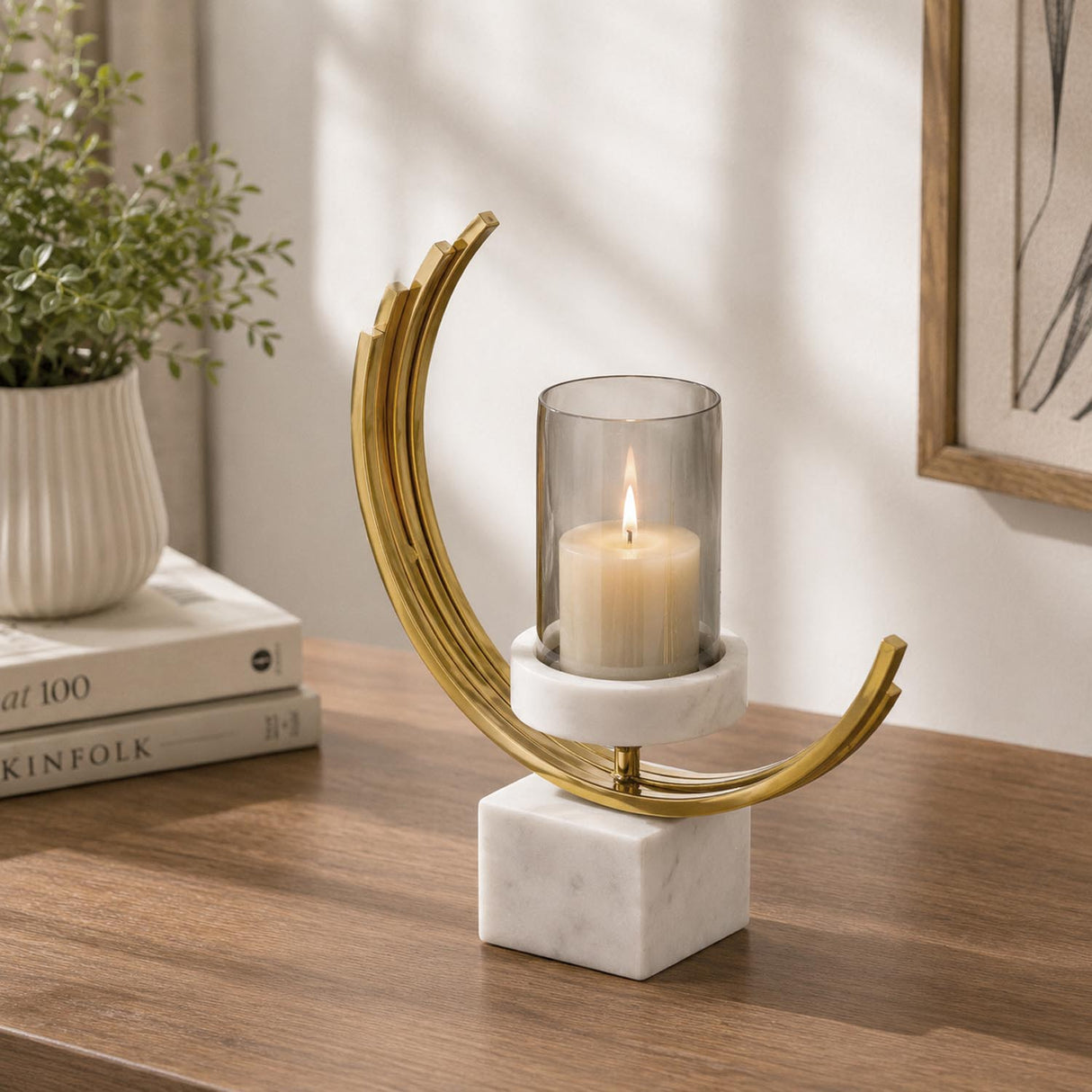 Arc Candle Holder- Gold & White