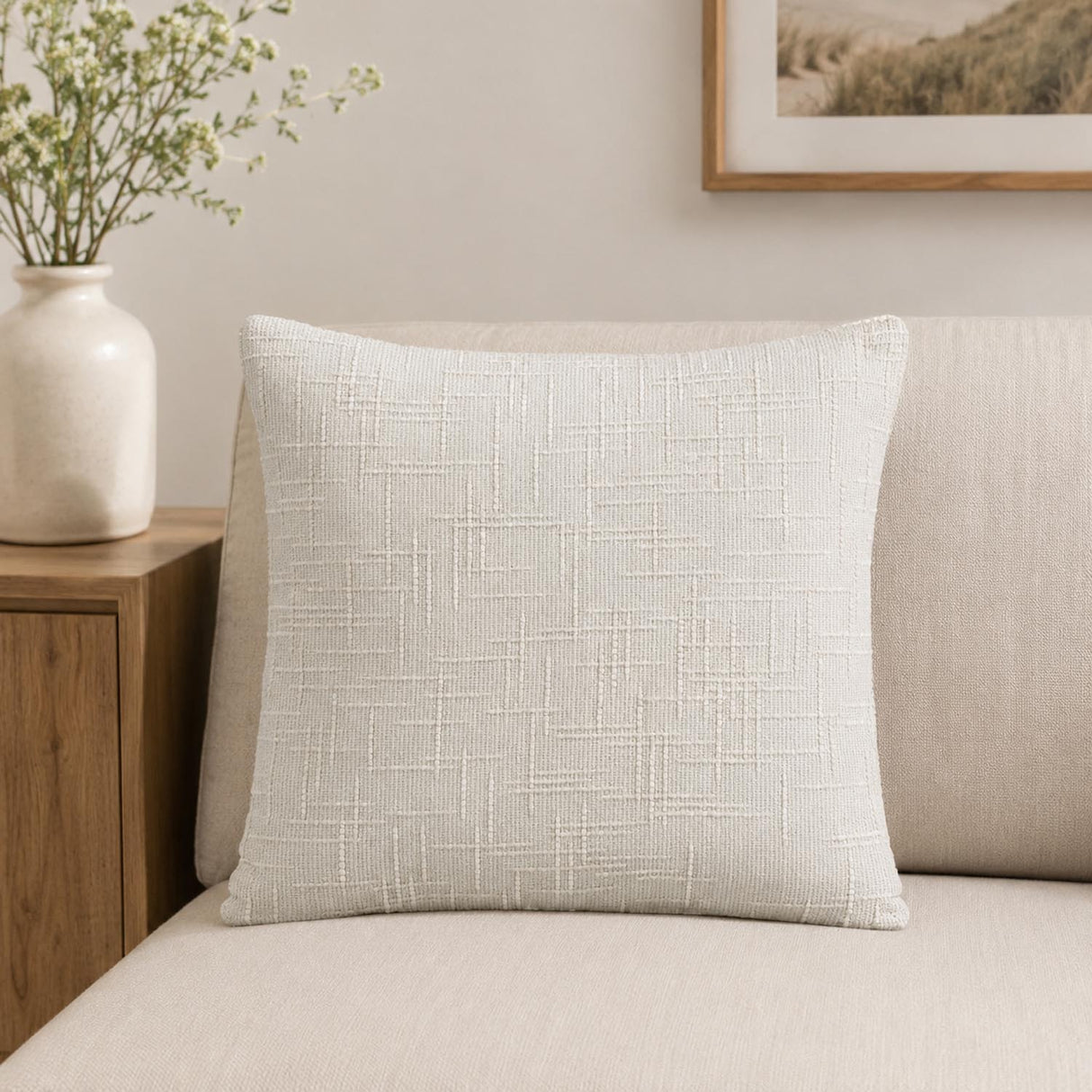 Slub Polyester 50 x 50 cm Filled Cushion- Cream