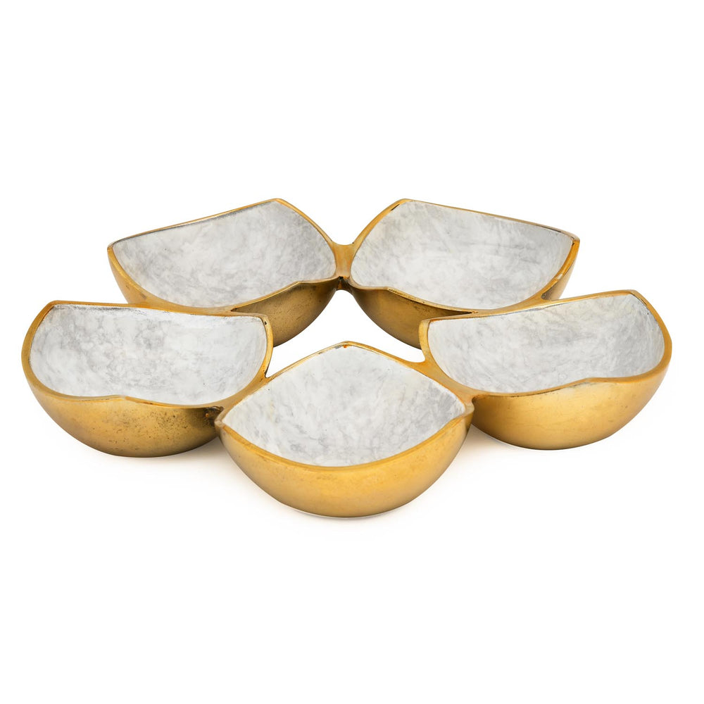 Five Bowls Round Serving Platter- White & Gold