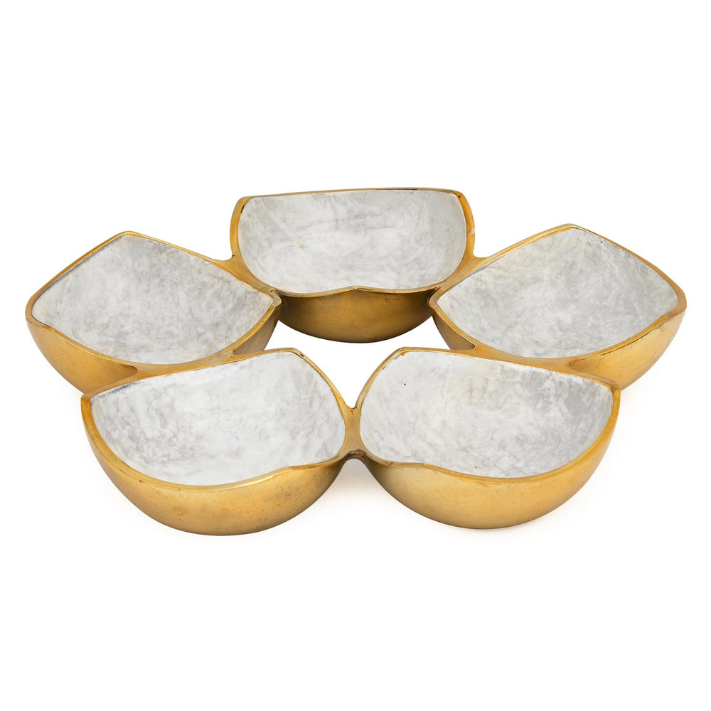 Five Bowls Round Serving Platter- White & Gold