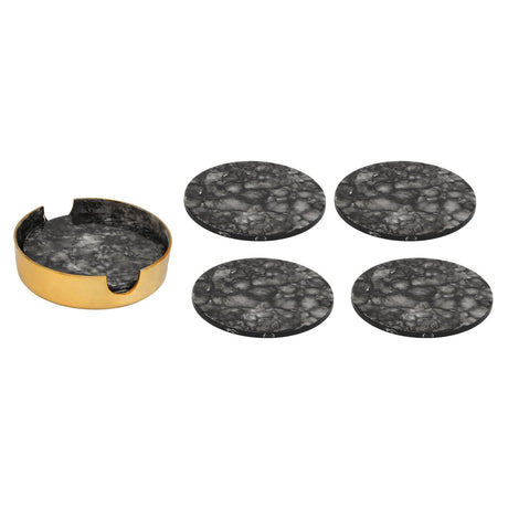 Round Coasters Set of 4 with Holder- Black & Gold
