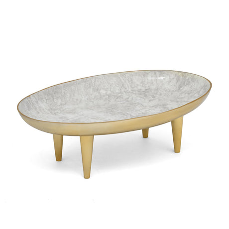 Oval Serving Plate with Legs- Small, White & Gold