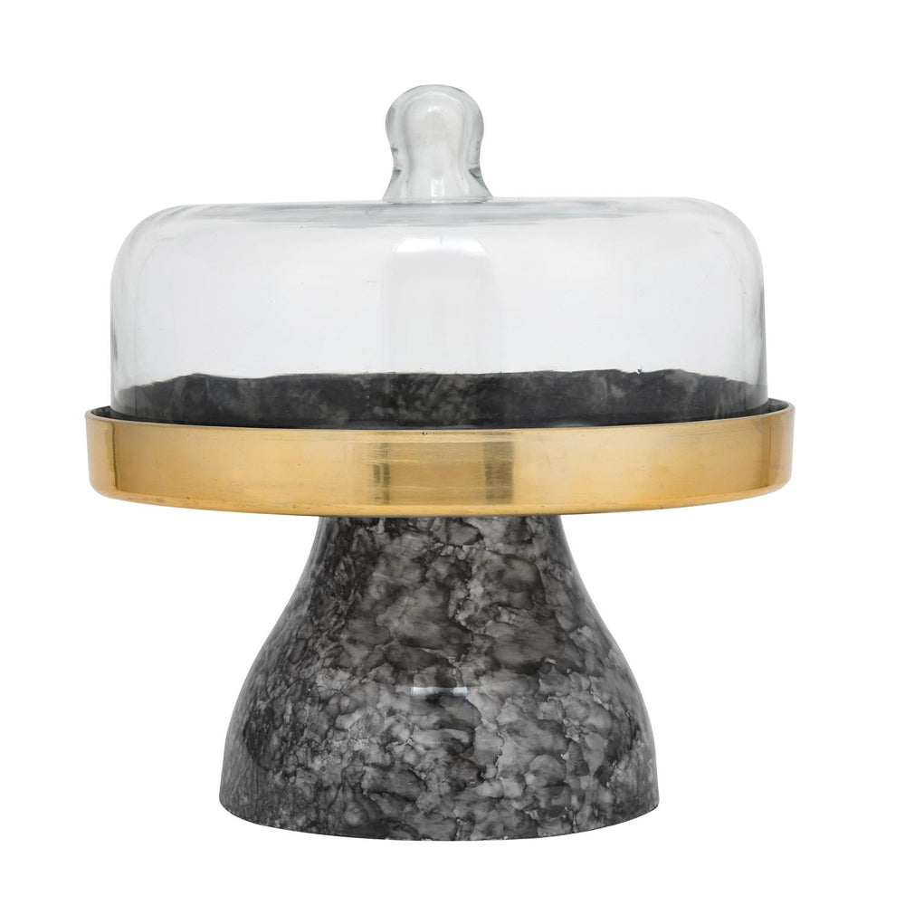 Metal Cake Stand with Glass Dome- Small, Black & Gold