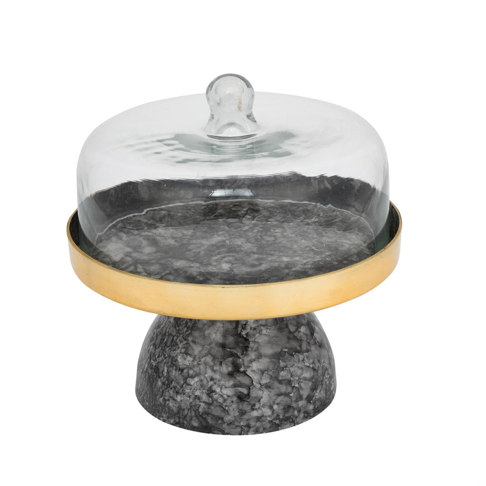 Metal Cake Stand with Glass Dome- Small, Black & Gold
