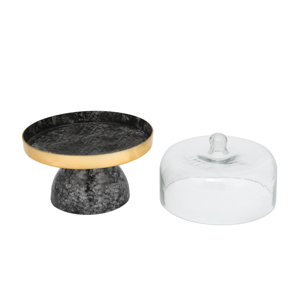 Metal Cake Stand with Glass Dome- Small, Black & Gold