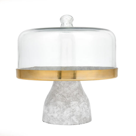Metal Cake Stand with Glass Dome- Large, White & Gold