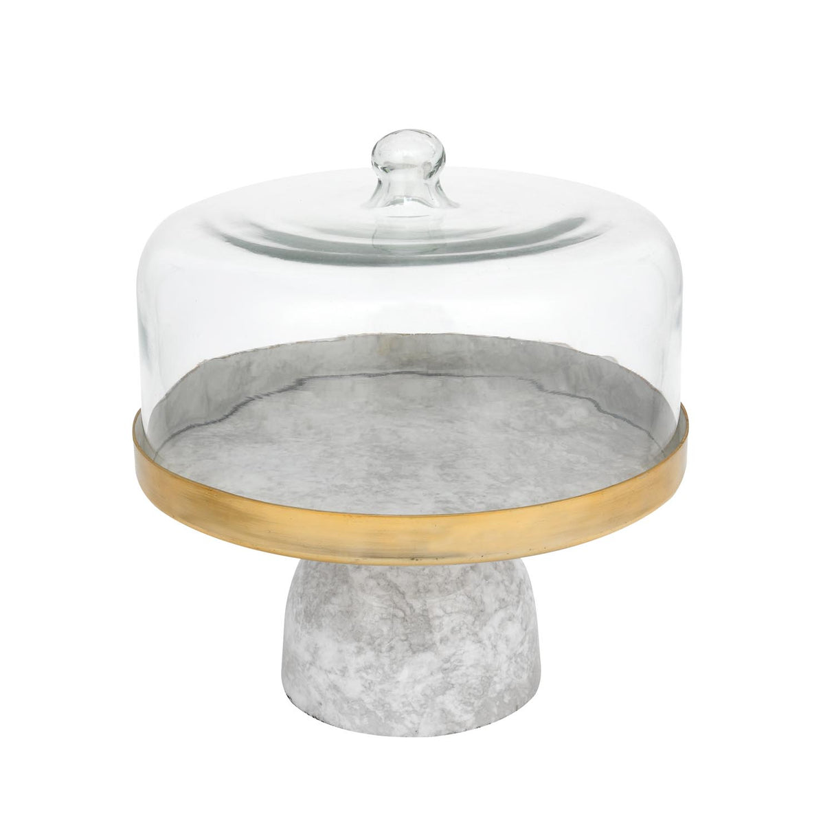 Metal Cake Stand with Glass Dome- Large, White & Gold