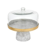Metal Cake Stand with Glass Dome- Large, White & Gold