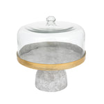 Metal Cake Stand with Glass Dome- Large, White & Gold