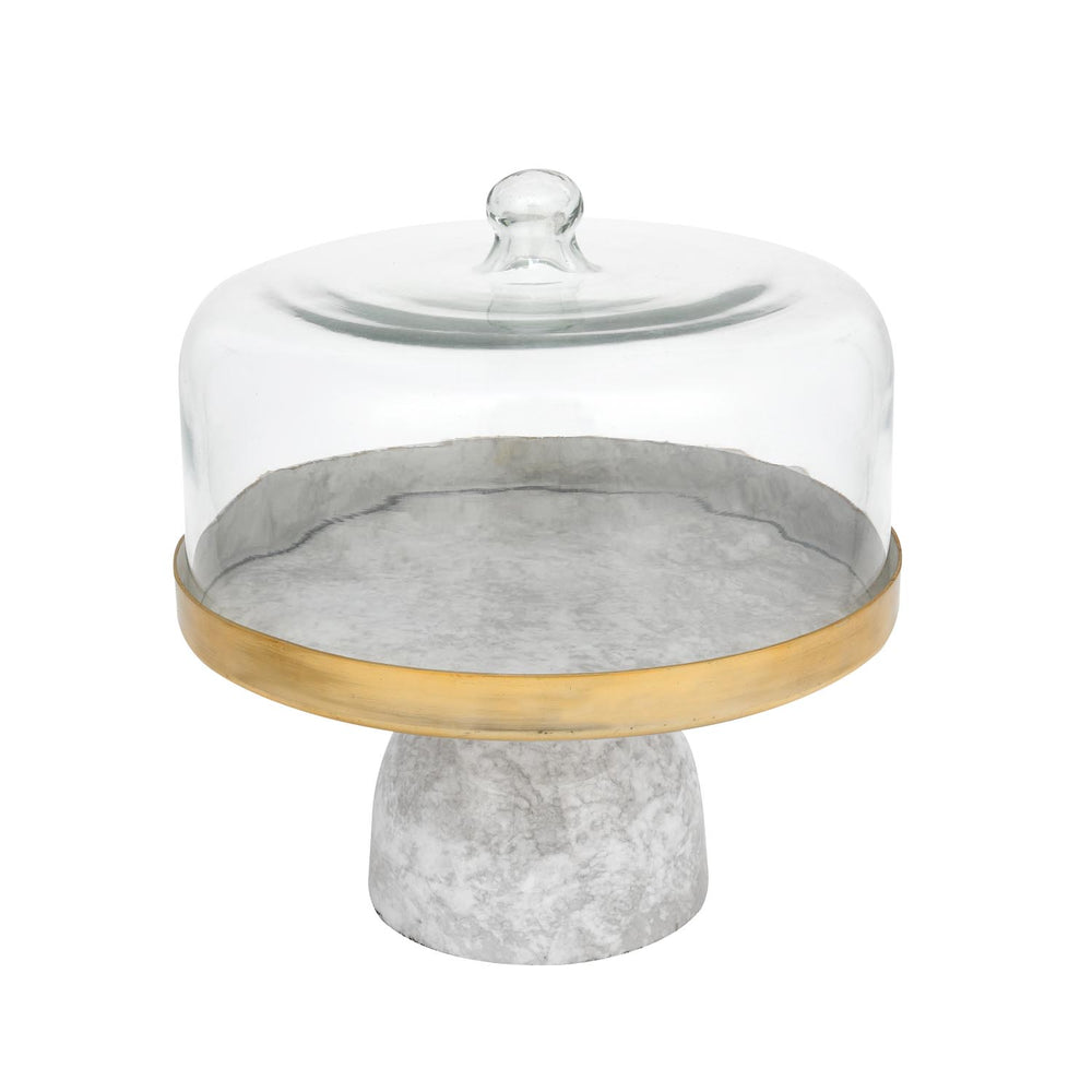 Metal Cake Stand with Glass Dome- Large, White & Gold