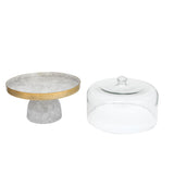 Metal Cake Stand with Glass Dome- Large, White & Gold