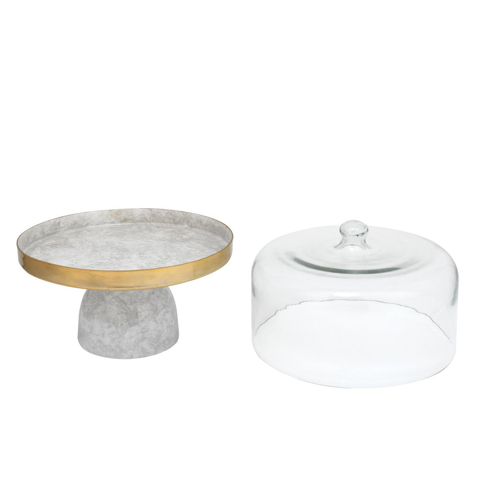 Metal Cake Stand with Glass Dome- Large, White & Gold