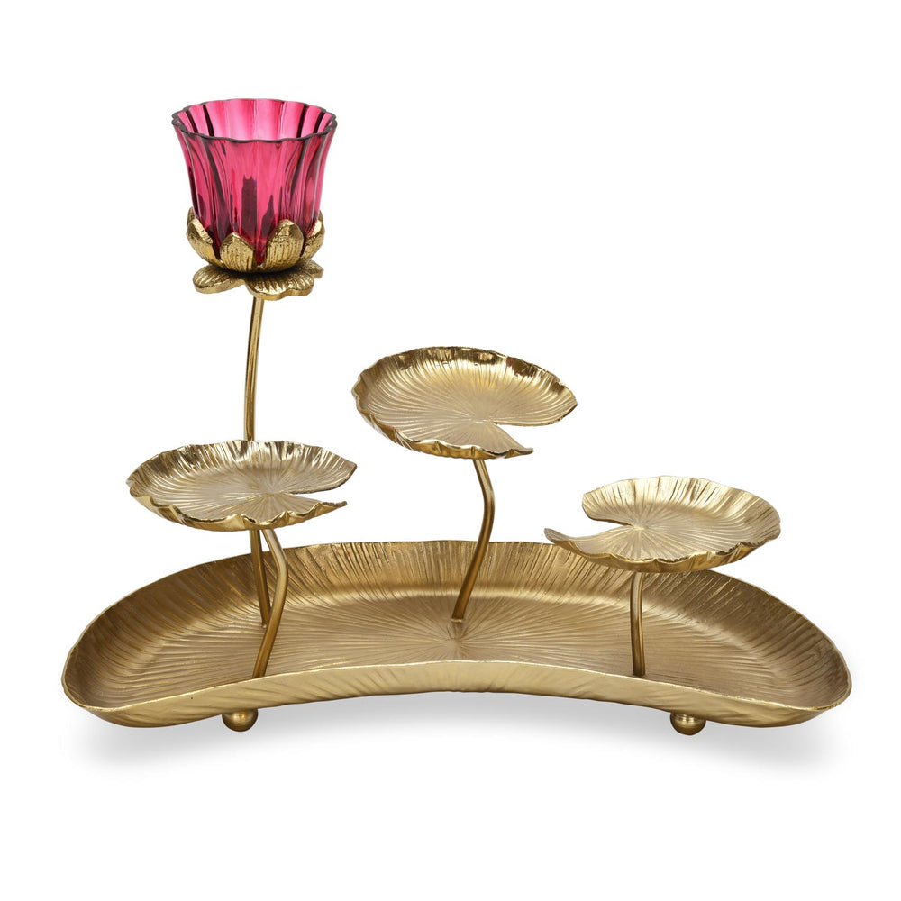 Deocrative Platter with One Lotus Votive- Gold