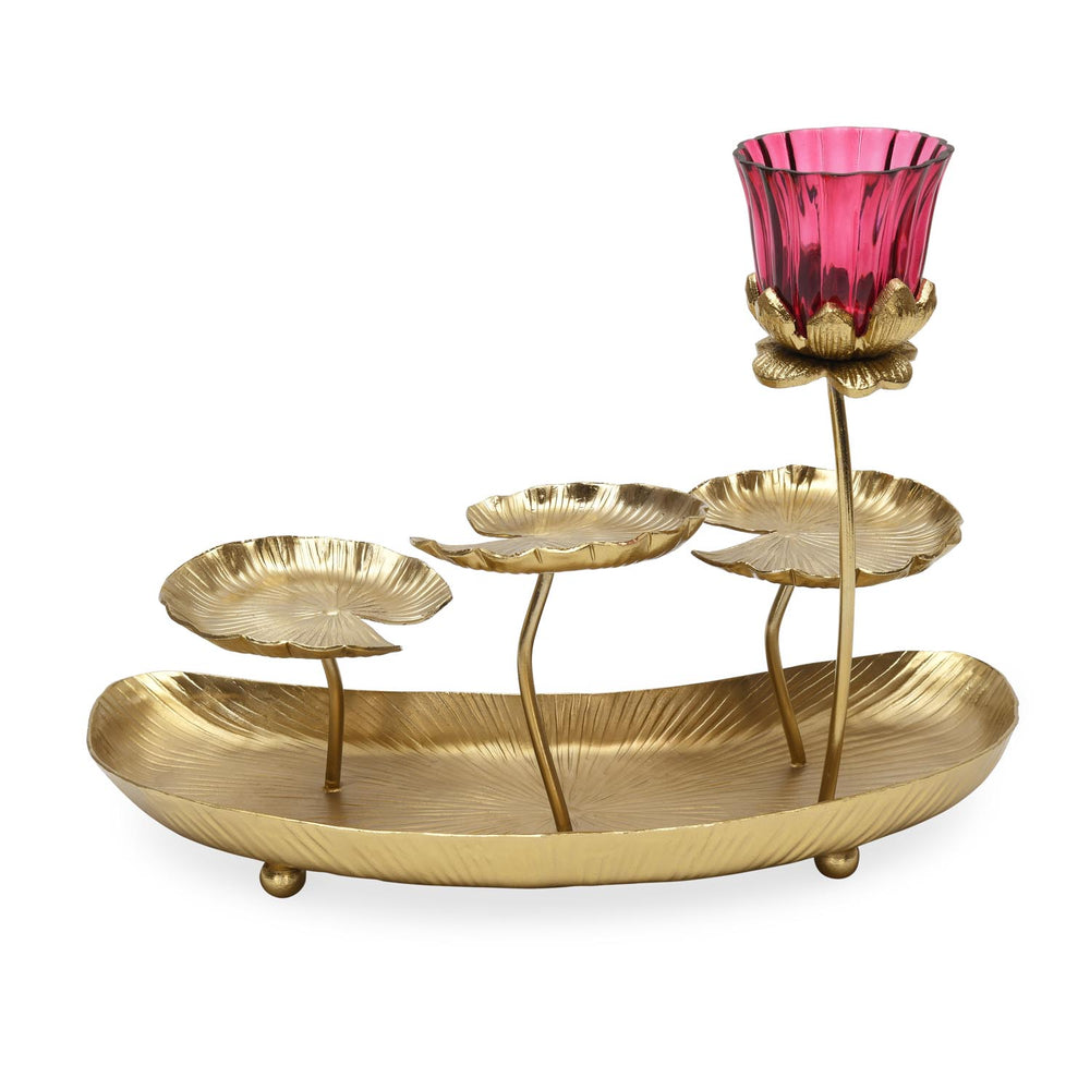 Deocrative Platter with One Lotus Votive- Gold