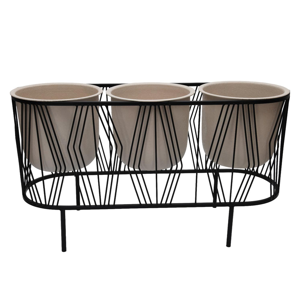 Three Pot Metal Planter- Ivory & Black