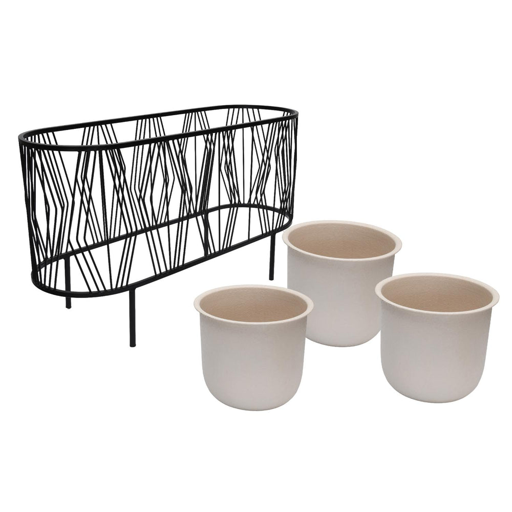 Three Pot Metal Planter- Ivory & Black